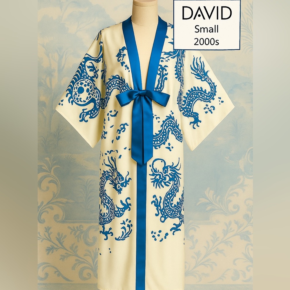 DAVID Kimono Robe Blue Dragon Satin Front Tie S